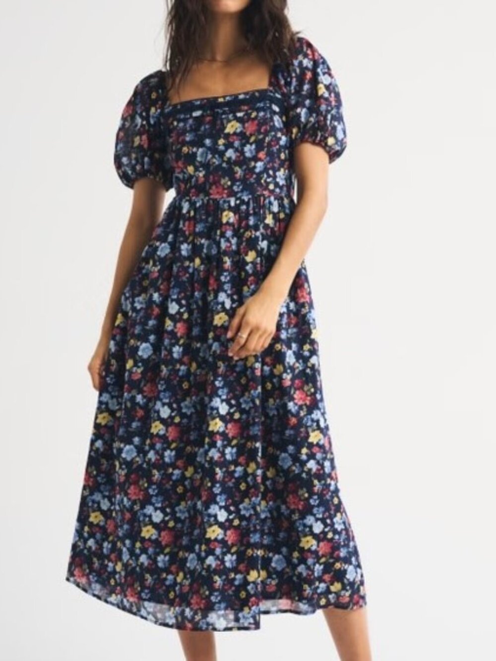Abercrombie & Fitch A&F Emerson Puff Sleeve Midi Dress Blue Floral Print